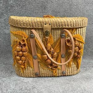 VTG Handmade Ornate Wicker Leather Handles Large Handbag Basket Metal Clasp